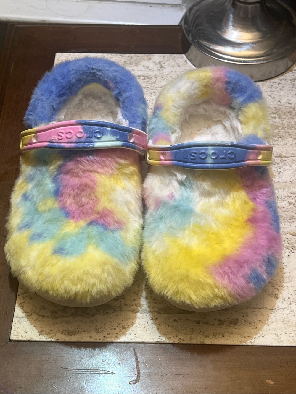 CROCS Kids Plush Tie-Dye Fuzzy Clog in Yellow Blue Pink Cream